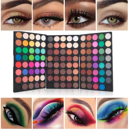 Makeup palette with color swatches and eye makeup examples on a white background
