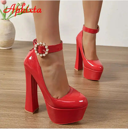 Aphixta Pearl Buckle Round Toe Pumps 5.5cm Platform Chunky Heels Shoes Black/Red Women's Fashion High Heel