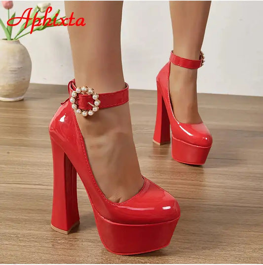 Aphixta Pearl Buckle Round Toe Pumps 5.5cm Platform Chunky Heels Shoes Black/Red Women's Fashion High Heel