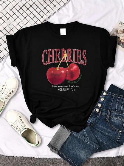 Comfortable Women's Cherry T-Shirt | Trendy Cherry and Letter Pattern Tees - Just The Fly Way
