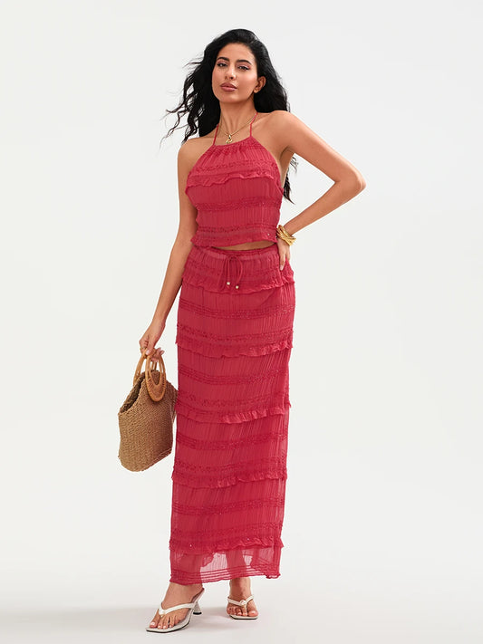 Fashionable, Bold and Beautiful DressElegant Floral Print Off-Shoulder Ruffle Sleeve Crop Top and High Waist Maxi Skirt 2 Piece Set for Women Summer Outfit - Just The Fly Way