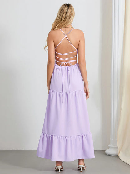 Women s Elegant Floral Print Maxi Dress with V-Neckline and Adjustable Spaghetti Straps for Summer Beach Vacation - Just The Fly Way