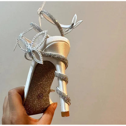 Fashionable, Bold and Beautiful DressLuxury Crystal Embellished Butterfly Detail Women Sandals Sexy Coiled Strap Thin High heels Gladiator sandals Summer Party Shoes