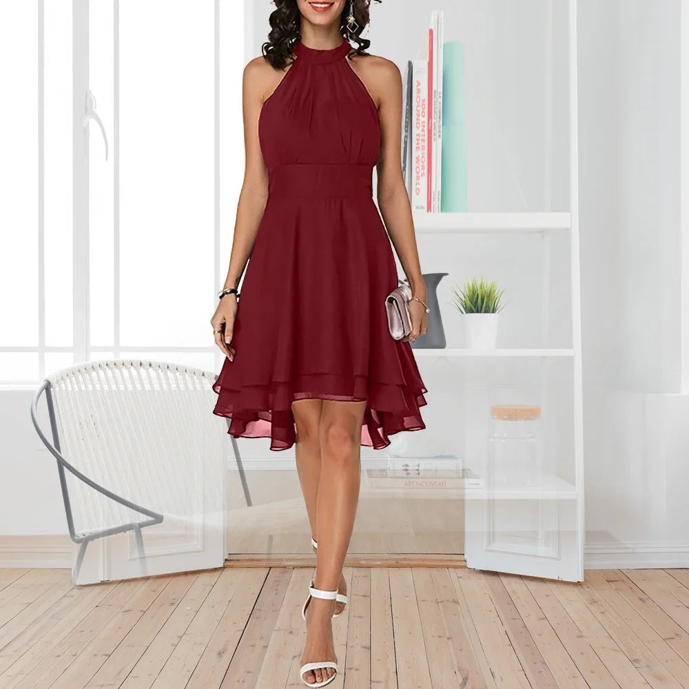 Elegant Solid Color, High Waist, Halter Top, Sleeveless Midi Dress with Cropped Layered Chiffon Slimming Dresses - Just The Fly Way