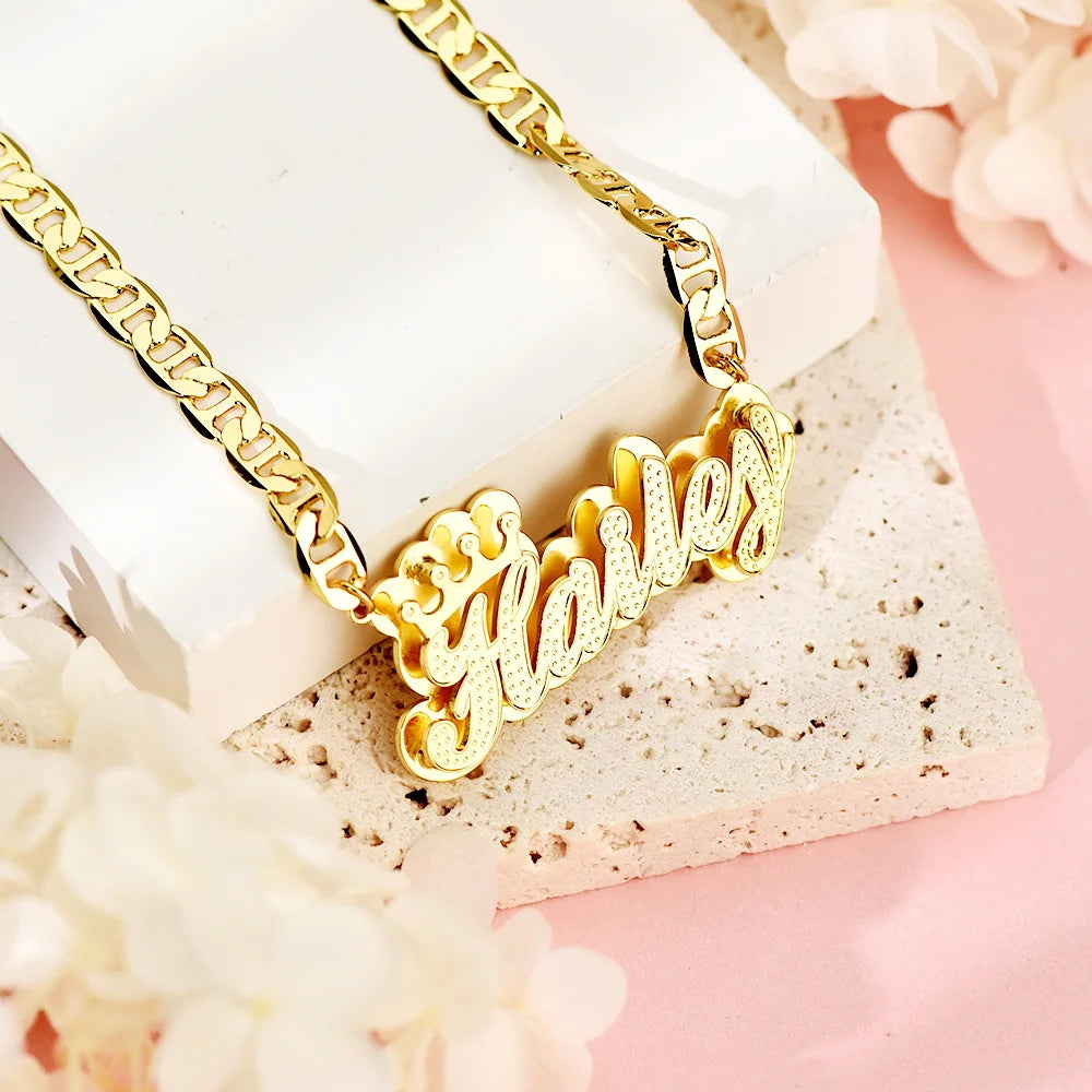 Fashionable, Bold and Beautiful DressCustom 3D Name Necklace with Crown Personalized Double Layer Pendant Flat Chain Stainless Steel Jewelry For Women - Just The Fly Way