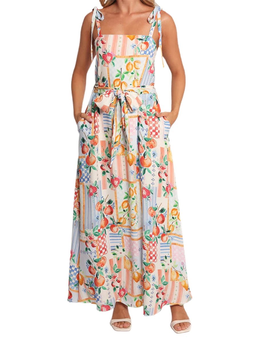 Women s Floral Print Sleeveless Maxi Dress with V-Neckline and Adjustable Spaghetti Straps for Summer Beach Wedding Party - Just The Fly Way