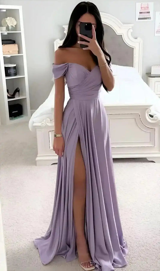 Elegant Women’s Off-the-Shoulder A-Line Evening Gown: Customized Slit Long Pleated Satin Dress