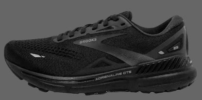 Black running shoe with 'Brooks' branding on a white background