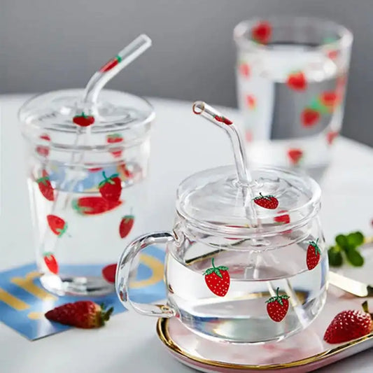 Cute Heat Resistant Strawberry Glass Cups with Lid and Straw - Perfect for Drinks! - Just The Fly Way
