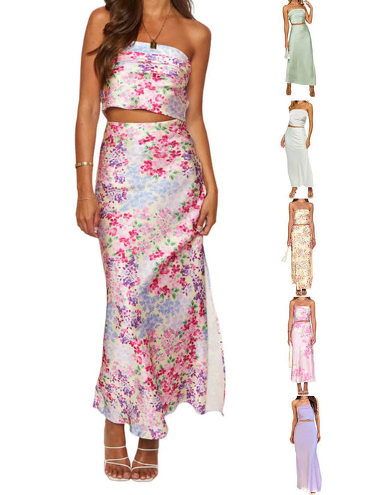 Elegant Floral Print Off-Shoulder Top and High Slit Maxi Skirt Set for Women s Summer Fashion Look - Just The Fly Way