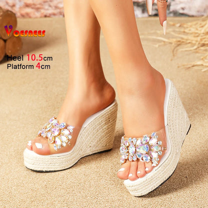 Summer Women Rhinestone Shoes 10.5CM Hemp rope Platform High Heels Wedges - Just The Fly Way