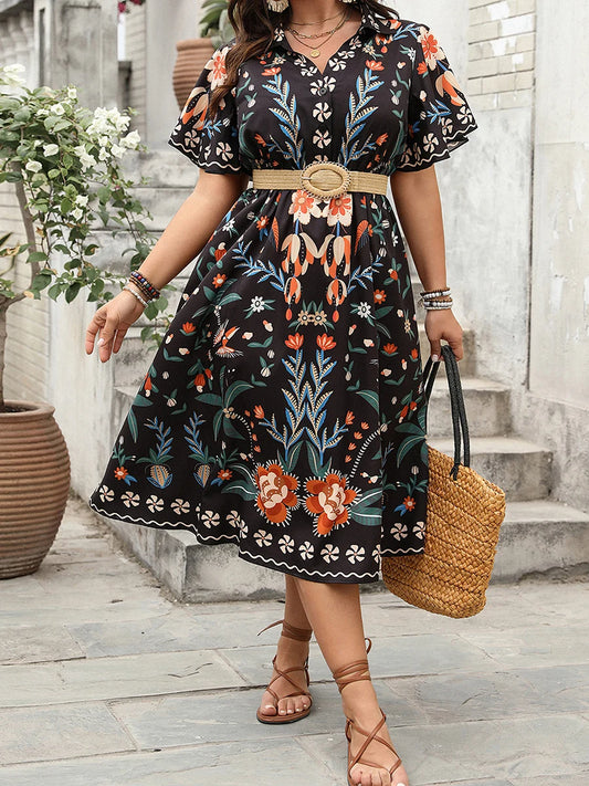 Women Plus Size V-Neck Maxi Dress Elegant Floral Print Short Sleeve Bohemian Party Dress for Summer Beach Wedding Guest - Just The Fly Way