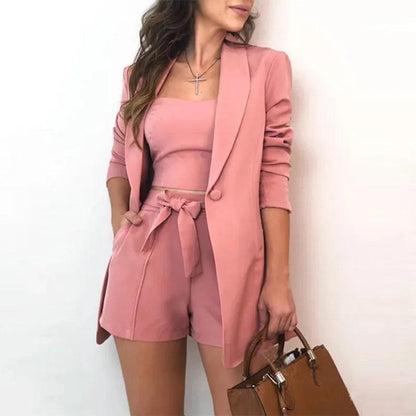 Solid Tank Top with High Waist Shorts and Jacket,Three Piece Set - Just The Fly Way
