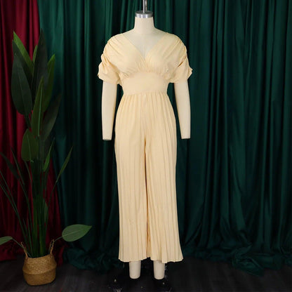 Elegant V-neck Solid Color Fashion Pleated Wide leg Jumpsuit, Pants Romper - Just The Fly Way