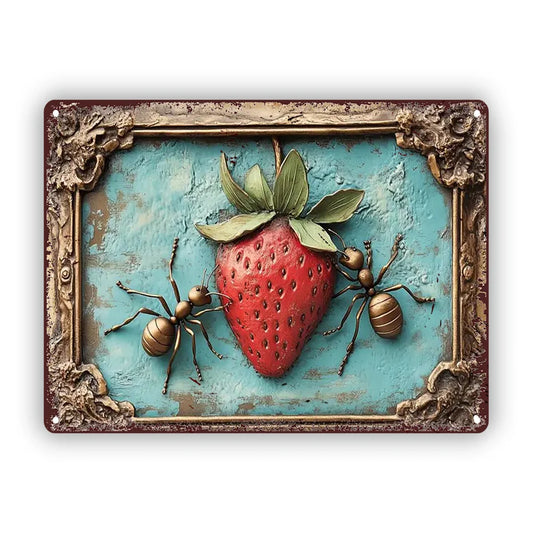 1pc Vintage Aluminum Metal Sign with Ants & Strawberry Design, Rustic Wall Art for Home, Office & Bar Decor, 7.87x11.81 inch - Just The Fly Way