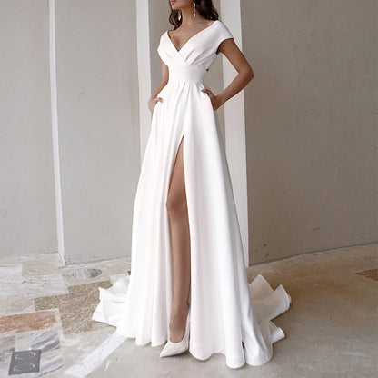 Off Shoulder Solid Women Dress Sleeveless Backless Split Lady Dresses 2024 Fashion Wave Cut Evening Party Female Maxi Vestidos
