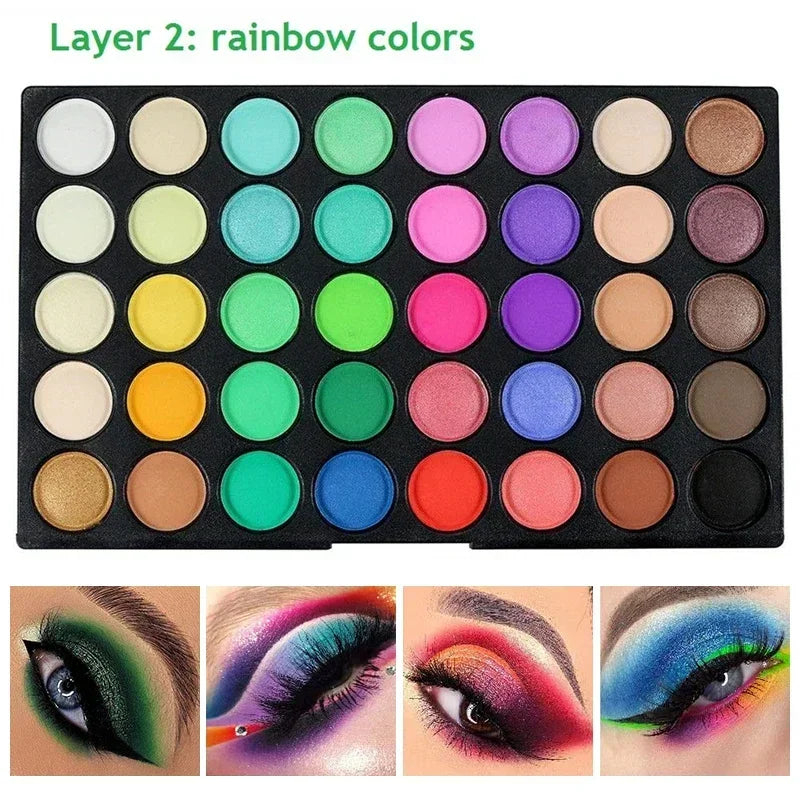 Makeup palette with rainbow colors and color application examples on eyes.