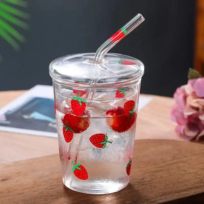 Cute Heat Resistant Strawberry Glass Cups with Lid and Straw - Perfect for Drinks! - Just The Fly Way