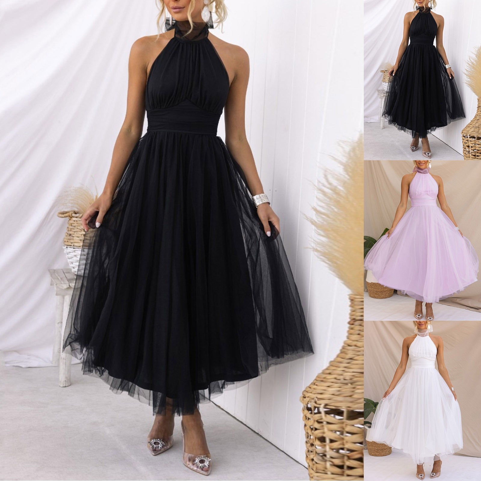Sexy Halter Holiday Party Dress Women Off Shoulder Mesh Backless Pleated Dress White Vestidos Formal Wedding Gown Long Dress - Just The Fly Way
