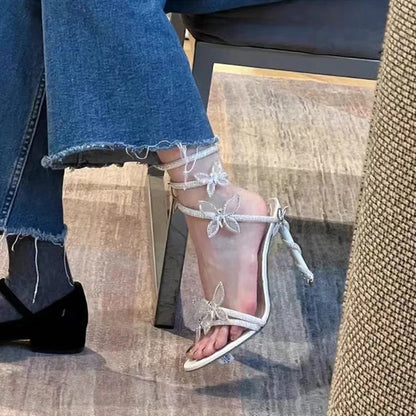 Fashionable, Bold and Beautiful DressLuxury Crystal Embellished Butterfly Detail Women Sandals Sexy Coiled Strap Thin High heels Gladiator sandals Summer Party Shoes