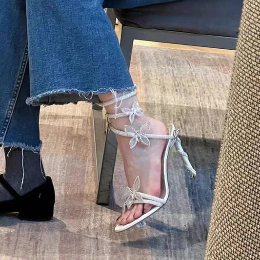 Fashionable, Bold and Beautiful DressLuxury Crystal Embellished Butterfly Detail Women Sandals Sexy Coiled Strap Thin High heels Gladiator sandals Summer Party Shoes - Just The Fly Way