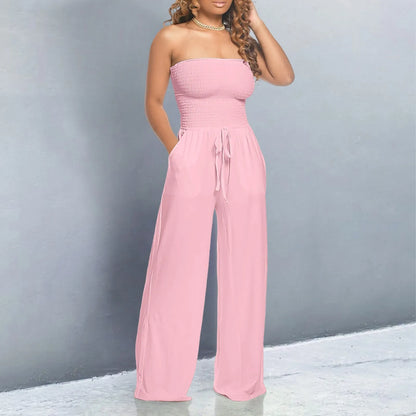 Elegant Soft Lace Jumpsuits Glitter Romper Women Solid Ruffle Lace Sleeveless Lace Up Jumpsuit Medium Length Straight Trousers - Just The Fly Way