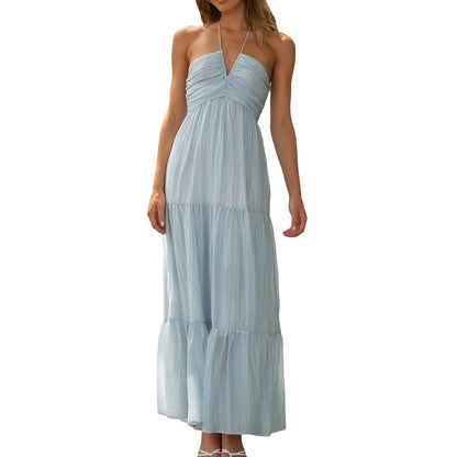 Elegant Sleeveless Maxi Dress with Halter Neckline and Backless Design Perfect for Summer Beach Parties and Casual Events - Just The Fly Way