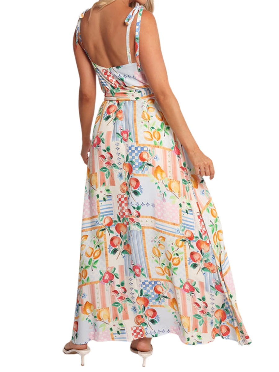 Women s Floral Print Sleeveless Maxi Dress with V-Neckline and Adjustable Spaghetti Straps for Summer Beach Wedding Party - Just The Fly Way