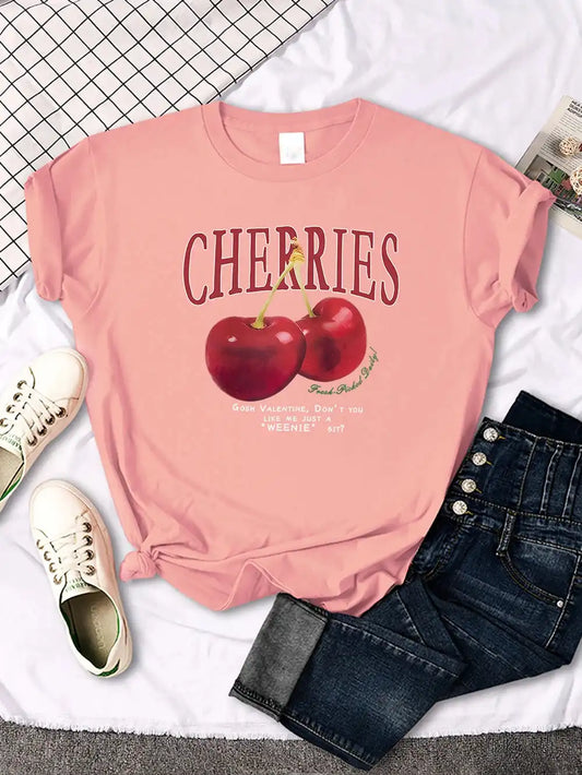 Comfortable Women's Cherry T-Shirt | Trendy Cherry and Letter Pattern Tees - Just The Fly Way