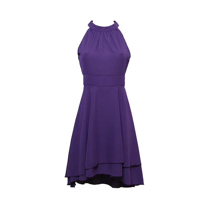 Elegant Solid Color, High Waist, Halter Top, Sleeveless Midi Dress with Cropped Layered Chiffon Slimming Dresses - Just The Fly Way