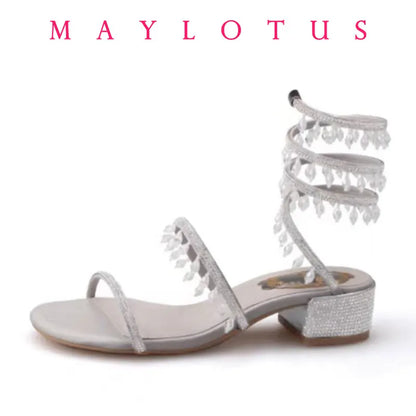 Fashionable, Bold and Beautiful Dress2025 Spring/Summer New Water Diamond Jewel Wrist Wrapped Snake-shaped High Heel Sandals Sexy Large Size Shoe Girl Women Sandals