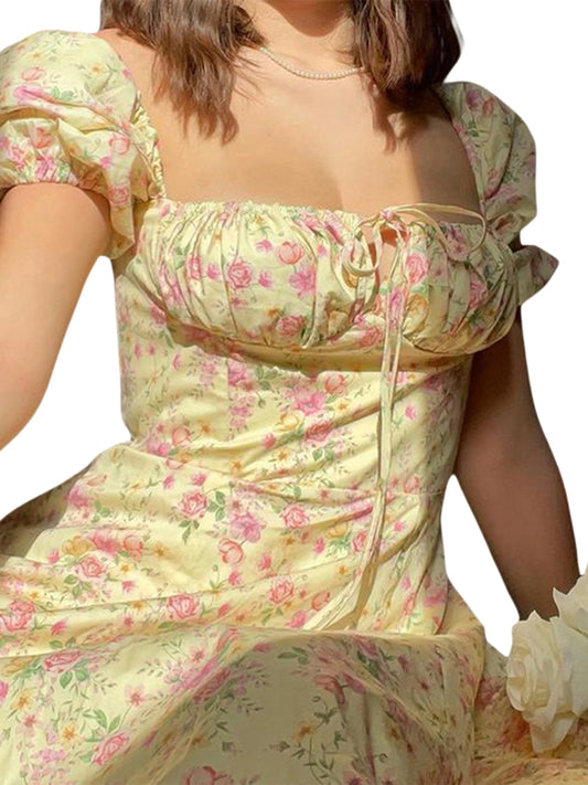 Elegant Women s Maxi Dress with Puff Sleeves Lace-Up Detail Floral Print and High Side Split for a Stylish Look - Just The Fly Way