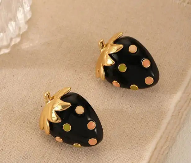 Retro Style Black and Gold Strawberry Earrings with High Quality Copper Stud - Just The Fly Way