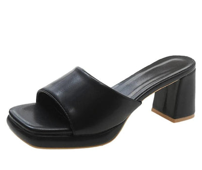Women's Slide Shoes With Chunky Heels And Peep Toe Design - Just The Fly Way