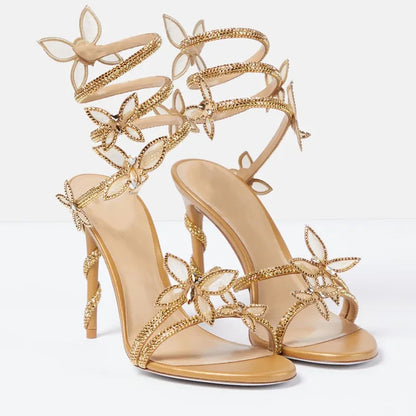Fashionable, Bold and Beautiful DressLuxury Crystal Embellished Butterfly Detail Women Sandals Sexy Coiled Strap Thin High heels Gladiator sandals Summer Party Shoes