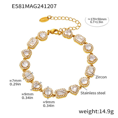 Shimmering Gold Plated Tennis Bracelet for Women - Vintage Charm Bangle with Zircon, Heart & Square Designs - Just The Fly Way