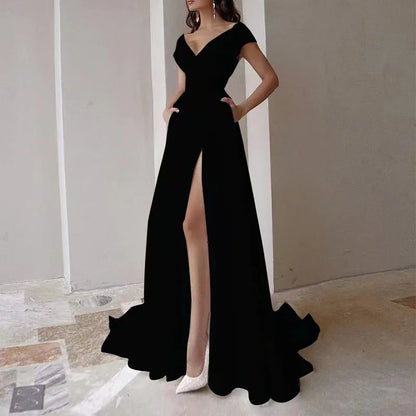 Off Shoulder Solid Women Dress Sleeveless Backless Split Lady Dresses 2024 Fashion Wave Cut Evening Party Female Maxi Vestidos