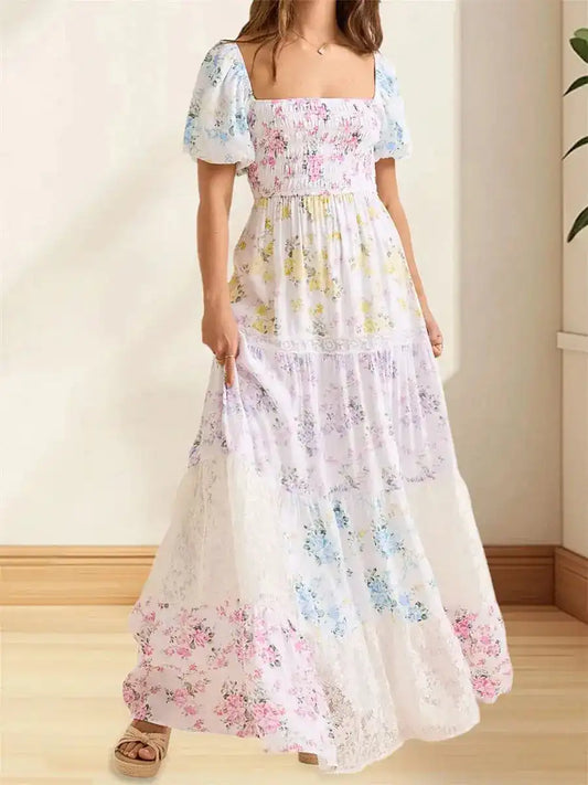 Elegant Floral Print Short Sleeve A-Line Dress with Ruffled Hem for Women Perfect for Cocktail Parties and Streetwear Fashion - Just The Fly Way