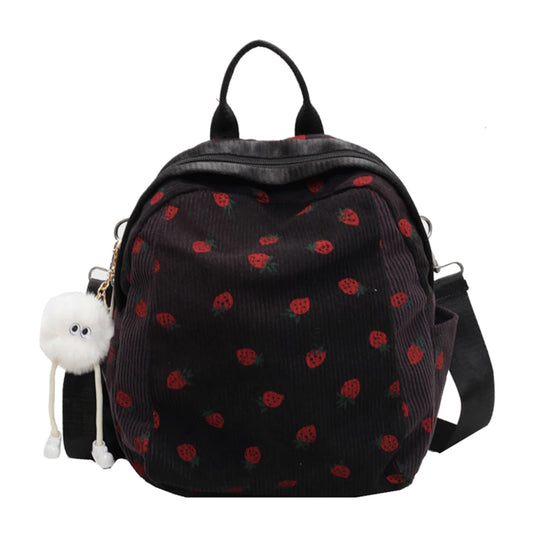 Fashionable, Bold and Beautiful DressTrendy Strawberry Kawaii Backpack - Lightweight Corduroy Bookbag for Women, Teens & Girls - Just The Fly Way