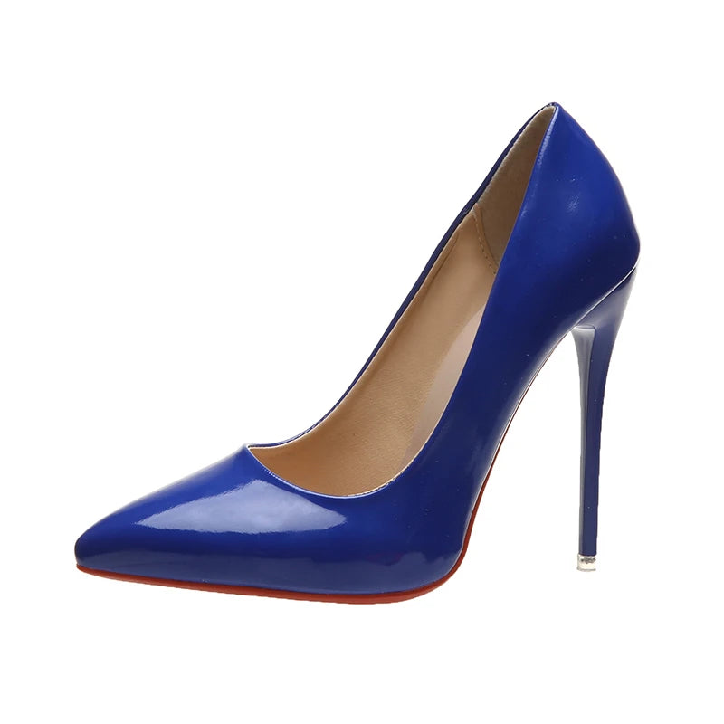 Fashionable, Bold and Beautiful DressTemperament 12cm Super High Thin Heels Shoes Women Pumps Pointed Toe Colorful Patent Leather Stiletto Wedding Shoe Size 45
