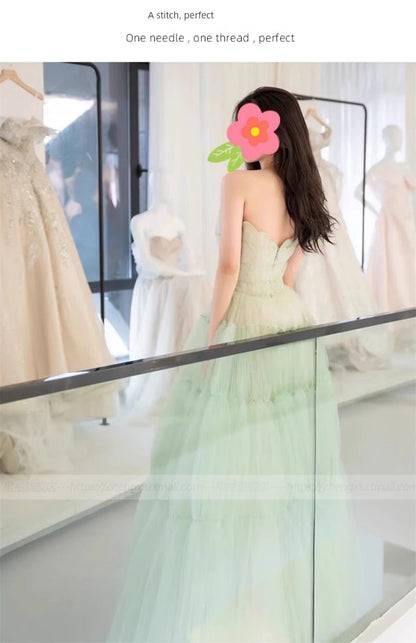 Green Tube Top Mori Style Evening Dress Female Classy Light Luxury Minority Host Birthday Adult Ceremony Princess Dress Light Wedding Dress