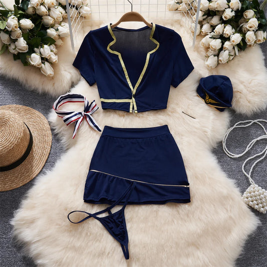 Irregular Short Sleeve Slim Crop Top Elastic Waist A-Line Short Skirt Set Erotic Lingerie Cosplay Women's Secret Clothes Pajamas - Just The Fly Way
