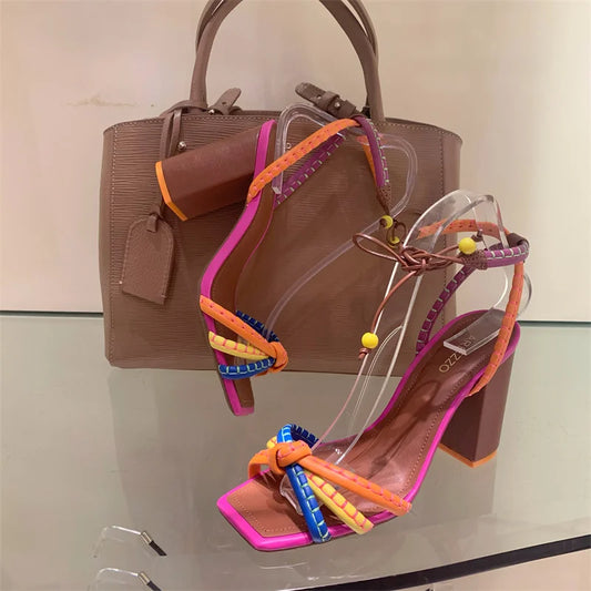 Fashionable, Bold and Beautiful DressBrazil Fashion Luxury Twist Woven Sandals Color Blocking Designer Brand Women's Shoes Thick with High Heel Sandals Female Casual