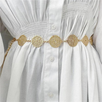 Elegant Retro Round Metal Belt, Gold or Silver Hollow Out Chain Belt Accessories - Just The Fly Way