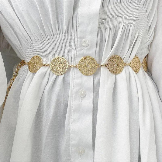 Elegant Retro Round Metal Belt, Gold or Silver Hollow Out Chain Belt Accessories - Just The Fly Way