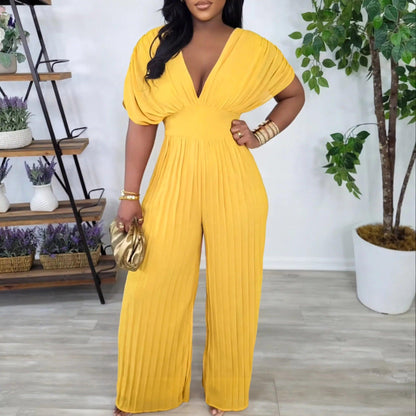Elegant V-neck Solid Color Fashion Pleated Wide leg Jumpsuit, Pants Romper - Just The Fly Way