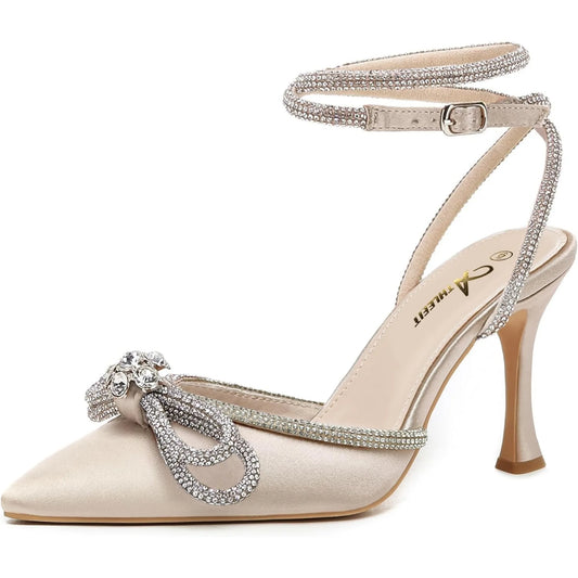 Women's Rhinestone Bow Heels Ankle Strap Pointed Toe Stiletto Heeled Sandals Wedding Bridal Dress Pumps Shoes - Just The Fly Way