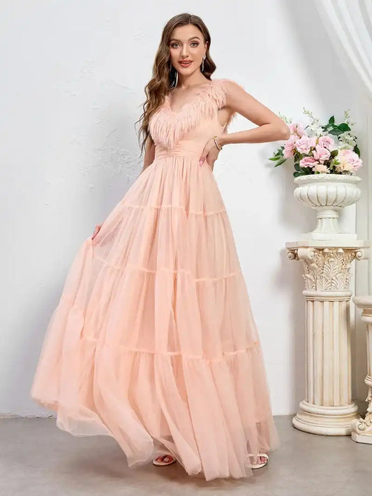 Elegant Wedding Dress Dusty Pink Ruched Backless Long Evening Party Bridesmaids Gowns Sexy Puffy Feather Sleeve Prom Dress