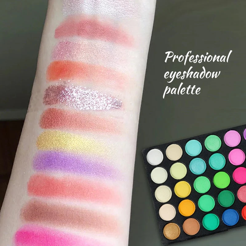 Professional eyeshadow palette with swatches on a arm and the palette itself.
