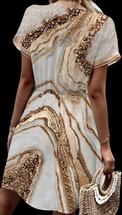 Spring/Summer Print with Bat Sleeves, Lace V-Neck, Waist Waist Large Hem, Mid Length Dress - Just The Fly Way